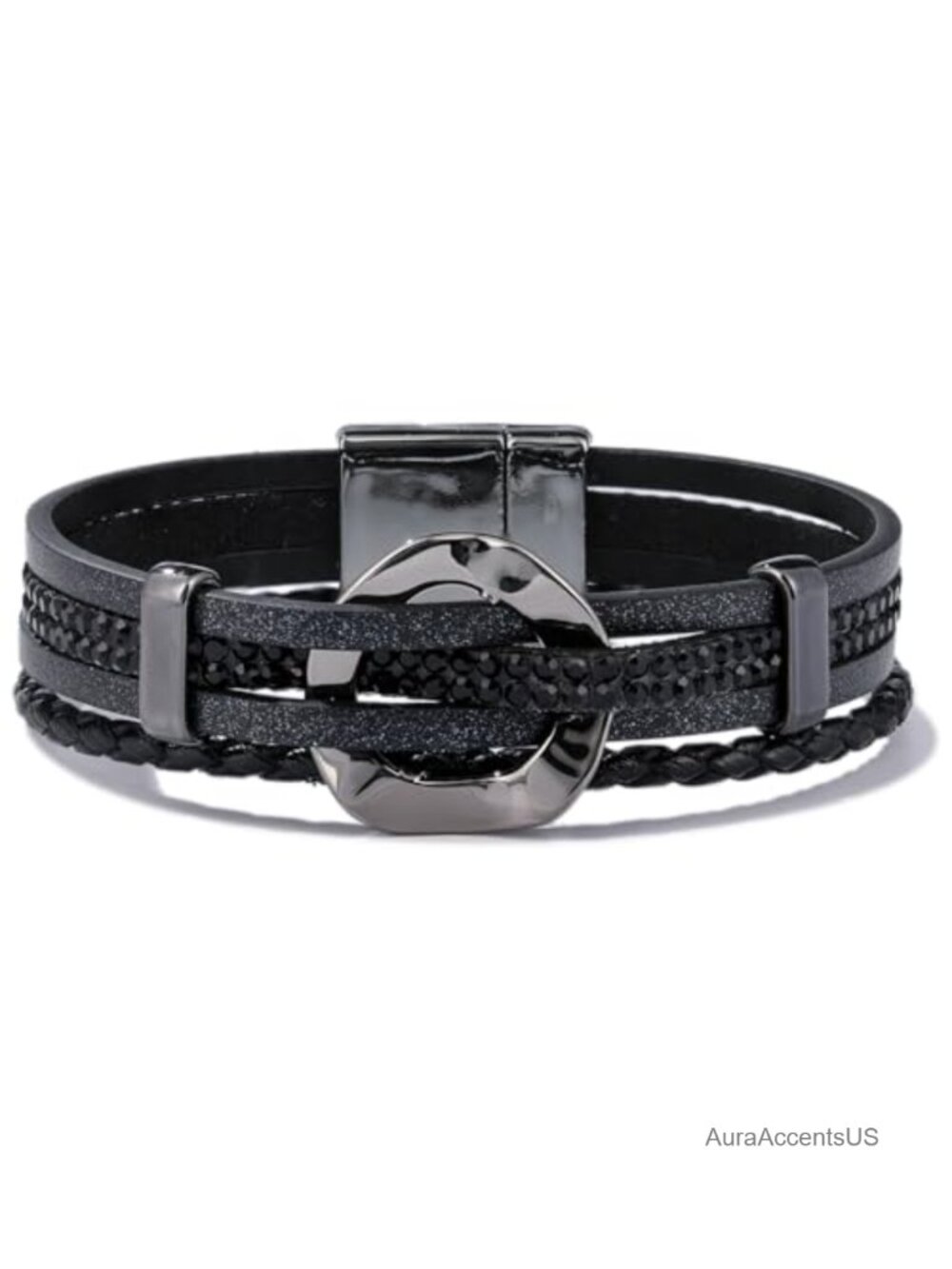 Braided Leather Wrap Bracelet Boho Rhinestone Cuff